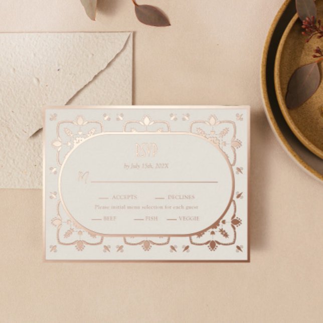 Luxury Rose Gold Mediterranean Tile Wedding RSVP Foil Holiday Postcard (Creator Uploaded)