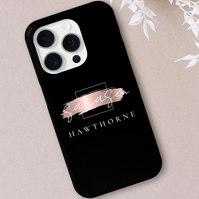 Luxury Rose Gold Monogram Chic Brush Stroke Black Case-Mate iPhone Case (Creator Uploaded)
