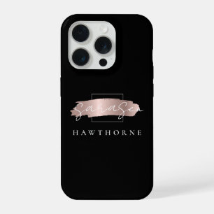 Luxury Rose Gold Monogram Chic Brush Stroke Black iPhone 15 Pro Case