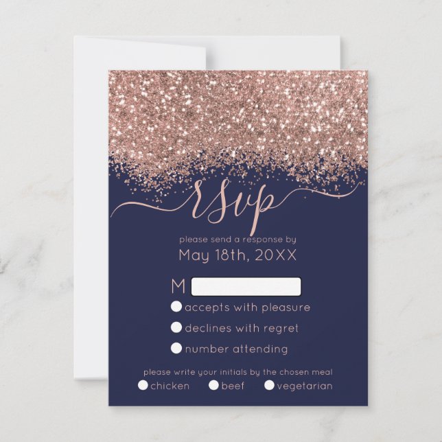 Luxury Rose Gold Navy Glitter Confetti Wedding RSVP Card (Front)