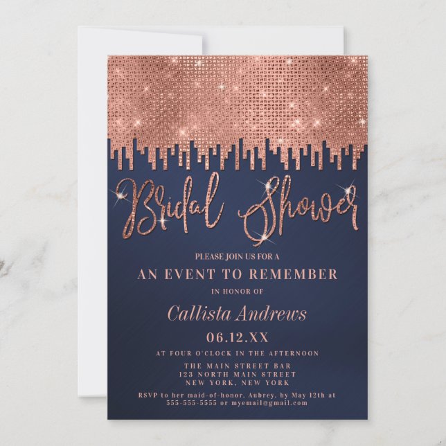 Luxury Rose Gold Navy Glitter Pixels Bridal Shower Invitation (Front)