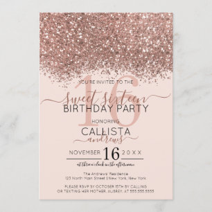 Luxury Rose Gold Pink Glitter Confetti Sweet 16 Invitation