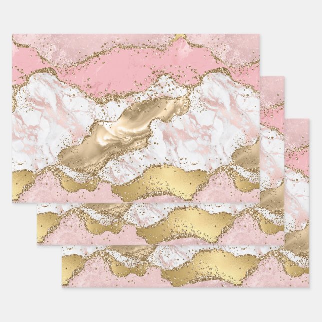 Luxury Rose Gold Pink Marble Design Wrapping Paper Sheet (Set)