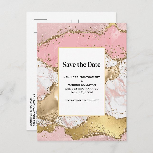 Luxury Rose Gold Pink Marble Wedding Save the Date Invitation Postcard (Front/Back)