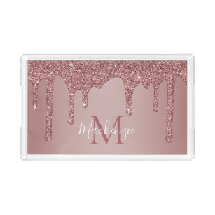 Luxury Rose Gold Sparkle Glitter Drips Acrylic Tray