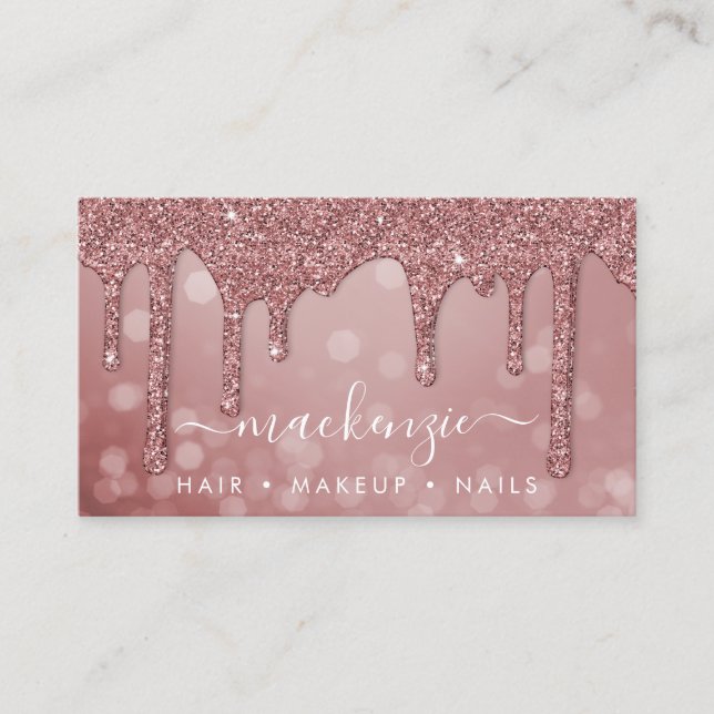 Luxury Rose Gold Sparkle Glitter Drips Bokeh Business Card (Front)