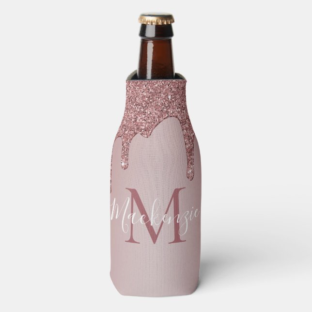 Luxury Rose Gold Sparkle Glitter Drips Monogram Bottle Cooler (Bottle Front)