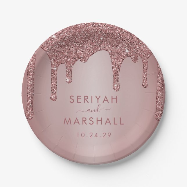 Luxury Rose Gold Sparkle Glitter Drips Wedding Paper Plate (Front)