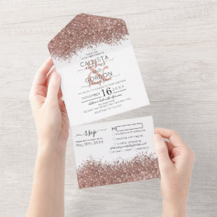 Luxury Rose Gold White Glitter Confetti Wedding All In One Invitation