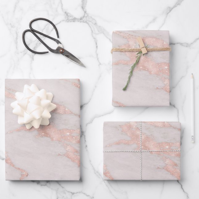 Luxury Rose Pink Blush Glitter Marble Customise Wrapping Paper Sheet (Front)