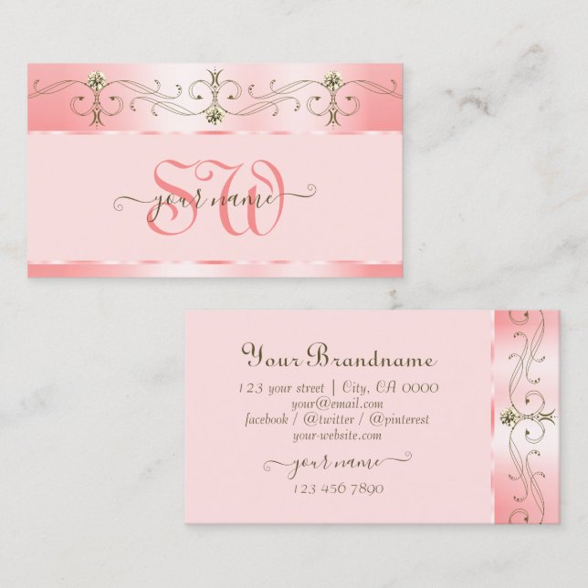 Luxury Rose Pink Ornate Sparkling Jewels Initials Business Card (Front/Back)