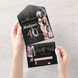Luxury Rose Wine Adult 40th Birthday All In One Invitation