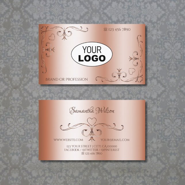 Luxury Rosegolden Ornate Corner Borders with Logo Business Card (Creator Uploaded)