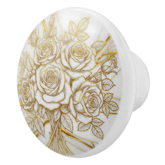 Luxury Roses Bouquet in Gold, White Marble stone Ceramic Knob