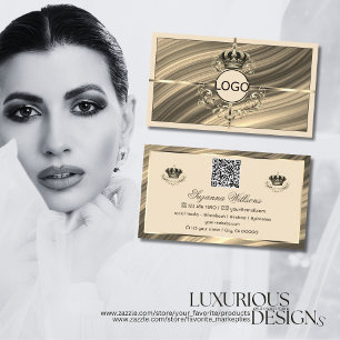 Luxury Royal Beige Gold Crown with Logo QR Code Business Card