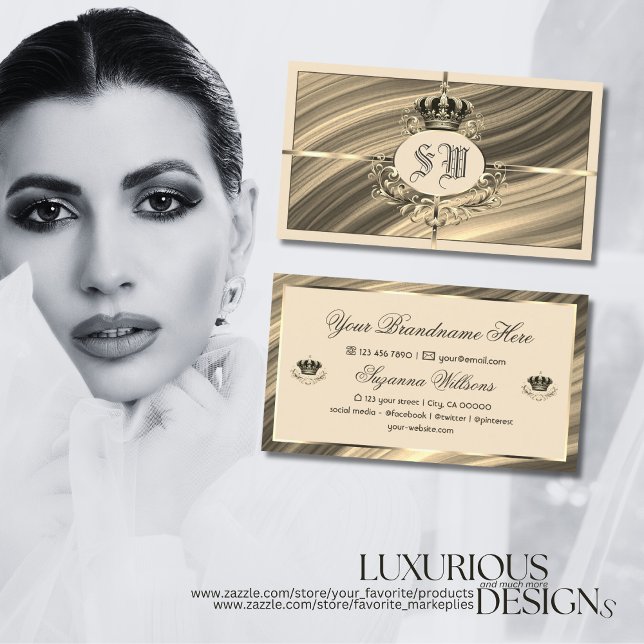 Luxury Royal Beige Gold Crown with Monogram Noble Business Card (Creator Uploaded)