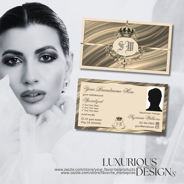 Luxury Royal Beige Gold Crown with Monogram Photo Business Card (Creator Uploaded)