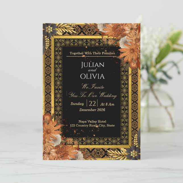 Luxury Royal Black and Gold Wedding Invitation (Standing Front)