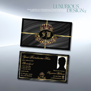 Luxury Royal Black Gold Crown with Monogram Photo Business Card