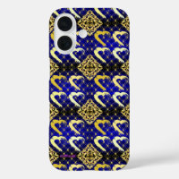 Luxury Royal Blue and Gold Hearts iPhone 16 Case