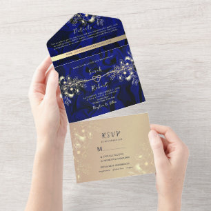 Luxury Royal Blue and Gold Wedding All In One Invitation