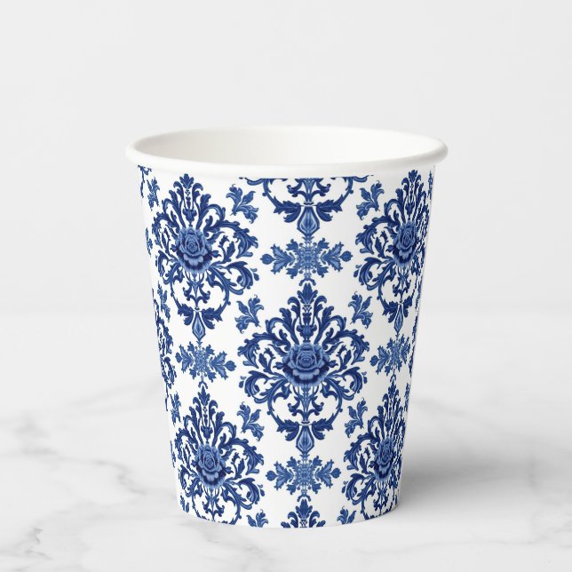 Luxury Royal Blue and White Baroque Floral Pattern Paper Cups (Back)