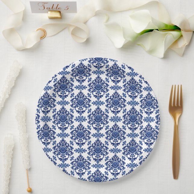 Luxury Royal Blue and White Baroque Floral Pattern Paper Plate (Wedding)