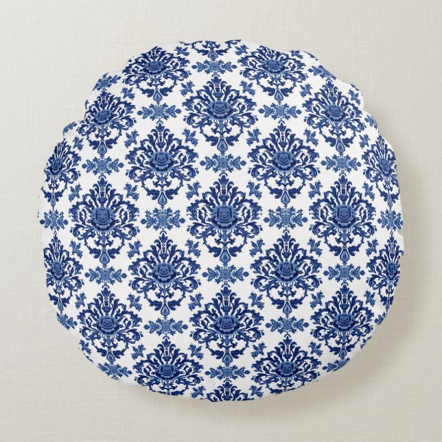 Luxury Royal Blue and White Baroque Floral Pattern Round Cushion (Front)