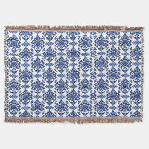 Luxury Royal Blue and White Baroque Floral Pattern Throw Blanket