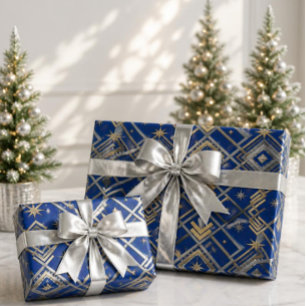 Luxury Royal Blue Art Deco Gold & Silver Christmas Wrapping Paper