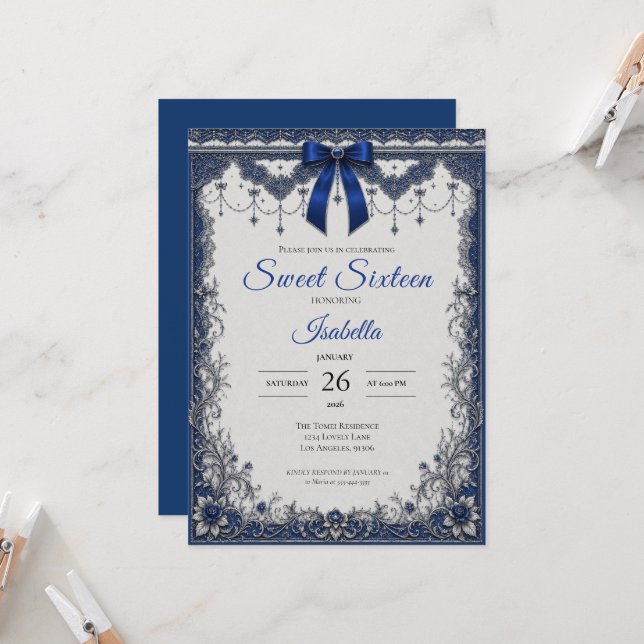 Luxury Royal blue Bow Sweet 16 Invitation (Front/Back In Situ)