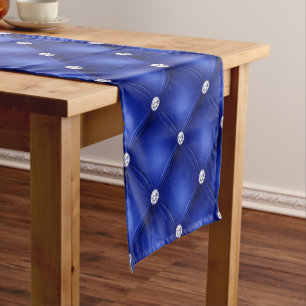 Luxury Royal Blue Diamond Tufted Pattern Short Table Runner