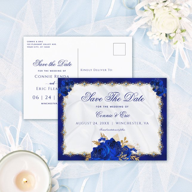 Luxury Royal Blue Gold Floral Roses Wedding Announcement Postcard (Creator Uploaded)