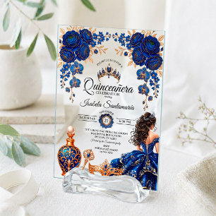 Luxury Royal Blue & Gold Quinceañera Masquerade  Acrylic Invitations