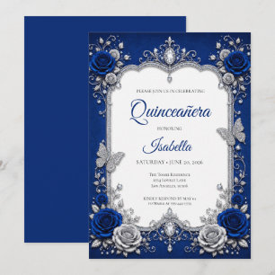 Luxury Royal Blue Silver Quinceañera Invitation