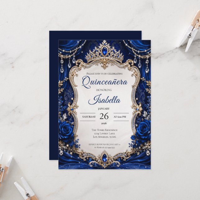Luxury Royal Blue Silver Quinceañera Invitation (Front/Back In Situ)