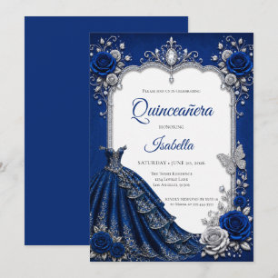 Luxury Royal Blue Silver Quinceañera Invitation