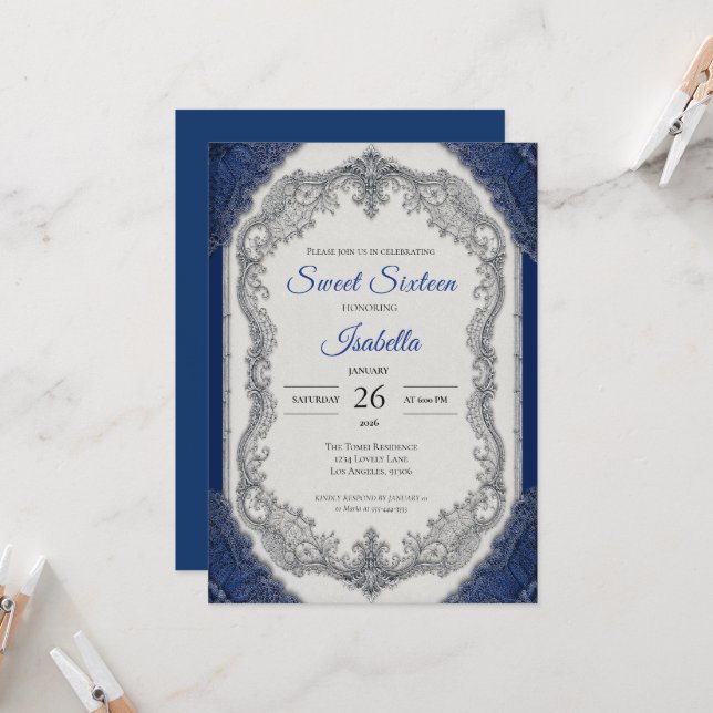 Luxury Royal Blue Silver Sweet 16 Invitation (Front/Back In Situ)