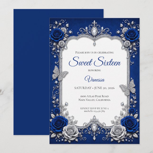 Luxury Royal Blue Silver Sweet 16 Invitation (Front/Back)