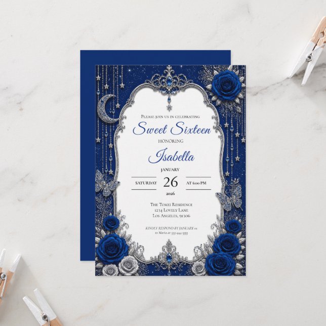 Luxury Royal Blue Silver Sweet 16 Invitation (Front/Back In Situ)