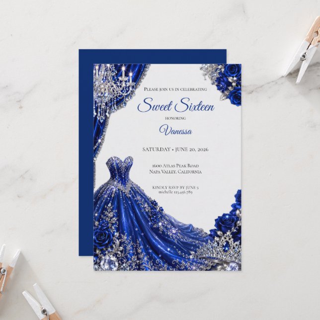 Luxury Royal Blue Silver Sweet 16 Invitation (Front/Back In Situ)
