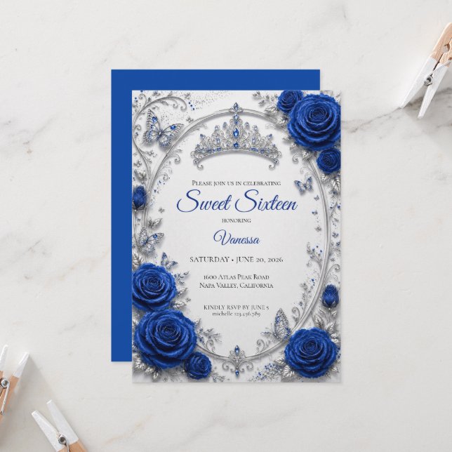 Luxury Royal Blue Silver Sweet 16 Invitation (Front/Back In Situ)
