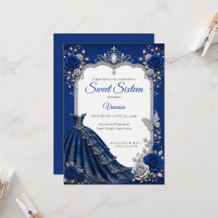Luxury Royal Blue Silver Sweet 16 Invitation