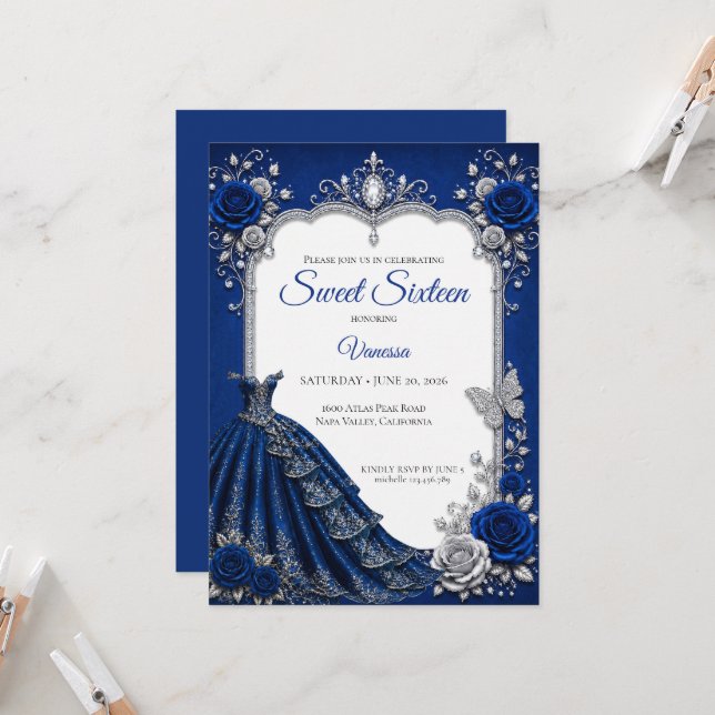 Luxury Royal Blue Silver Sweet 16 Invitation (Front/Back In Situ)