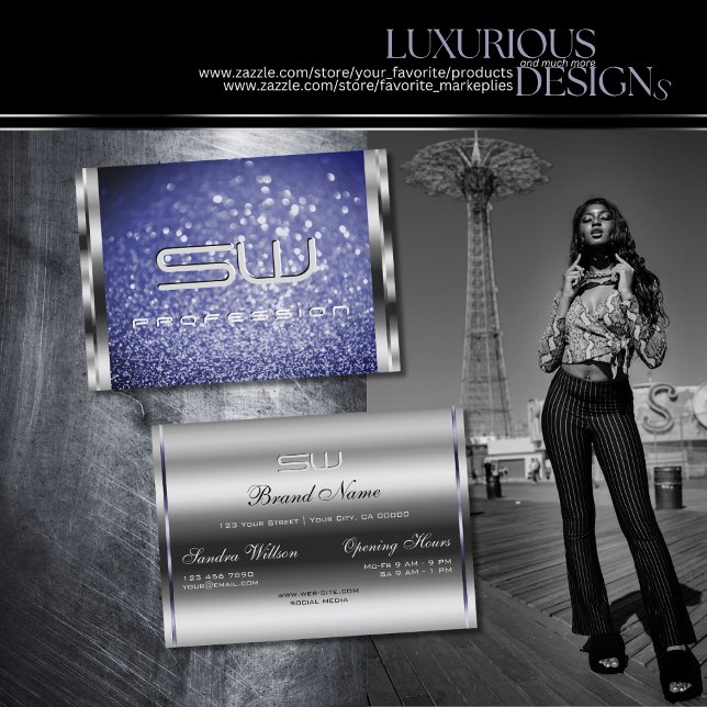 Luxury Royal Blue Sparkle Glitter Monogram Silver  Business Card (Creator Uploaded)