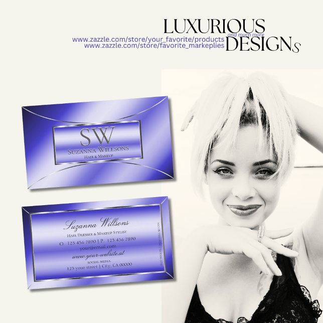 Luxury Royal Blue with Silver Decor and Monogram Business Card (Creator Uploaded)