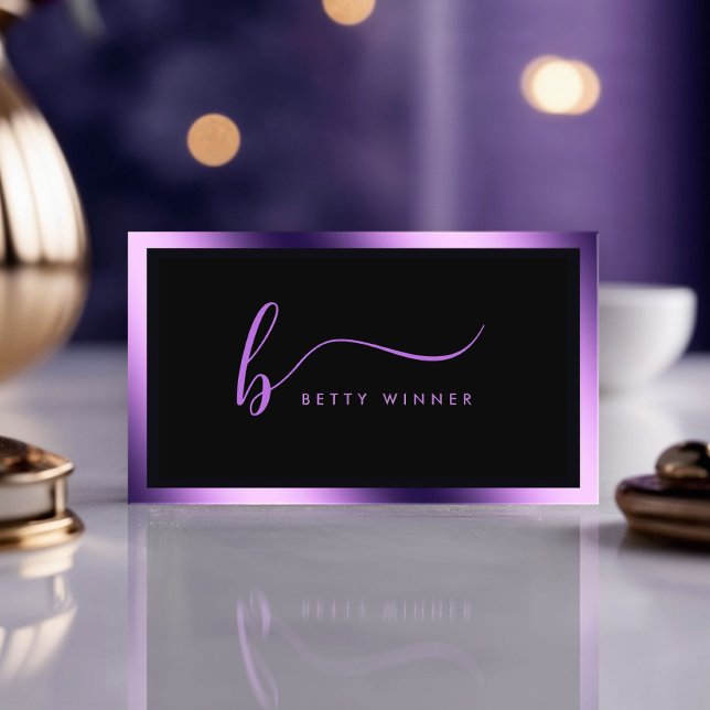 Luxury Royal Purple Frame Modern Script Monogram Business Card (Creator Uploaded)