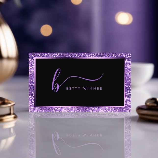 Luxury Royal Purple Glitter Modern Script Monogram Business Card (Creator Uploaded)