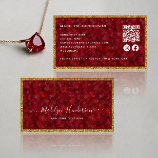 Luxury Ruby Gold Frame QR Code Social Media Icons Business Card