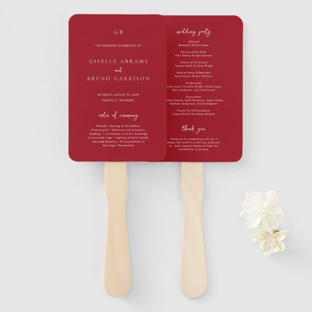 Luxury Ruby Red Elegant Wedding Program Hand Fan (Front and Back)